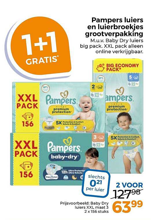 Pampers luiers en luierbroekjes grootverpakking M.u.v. Baby Dry luiers big pack. XXL pack alleen online verkrijgbaar. 1+1 gratis