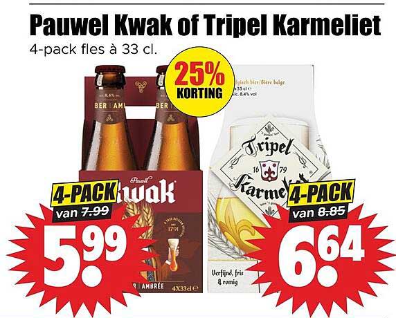 Pauwel Kwak of Tripel Karmeliet 4-pack fles à 33 cl. 25% korting