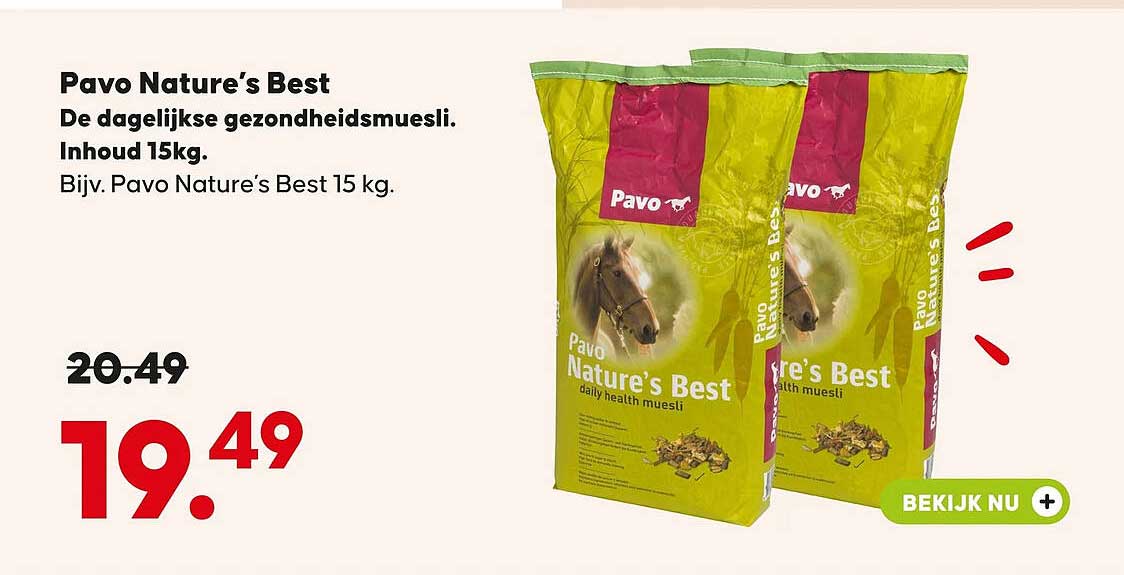 Pavo Nature’s Best De dagelijkse gezondheidsmuesli. Inhoud 15kg. Bijv. Pavo Nature’s Best 15 kg.