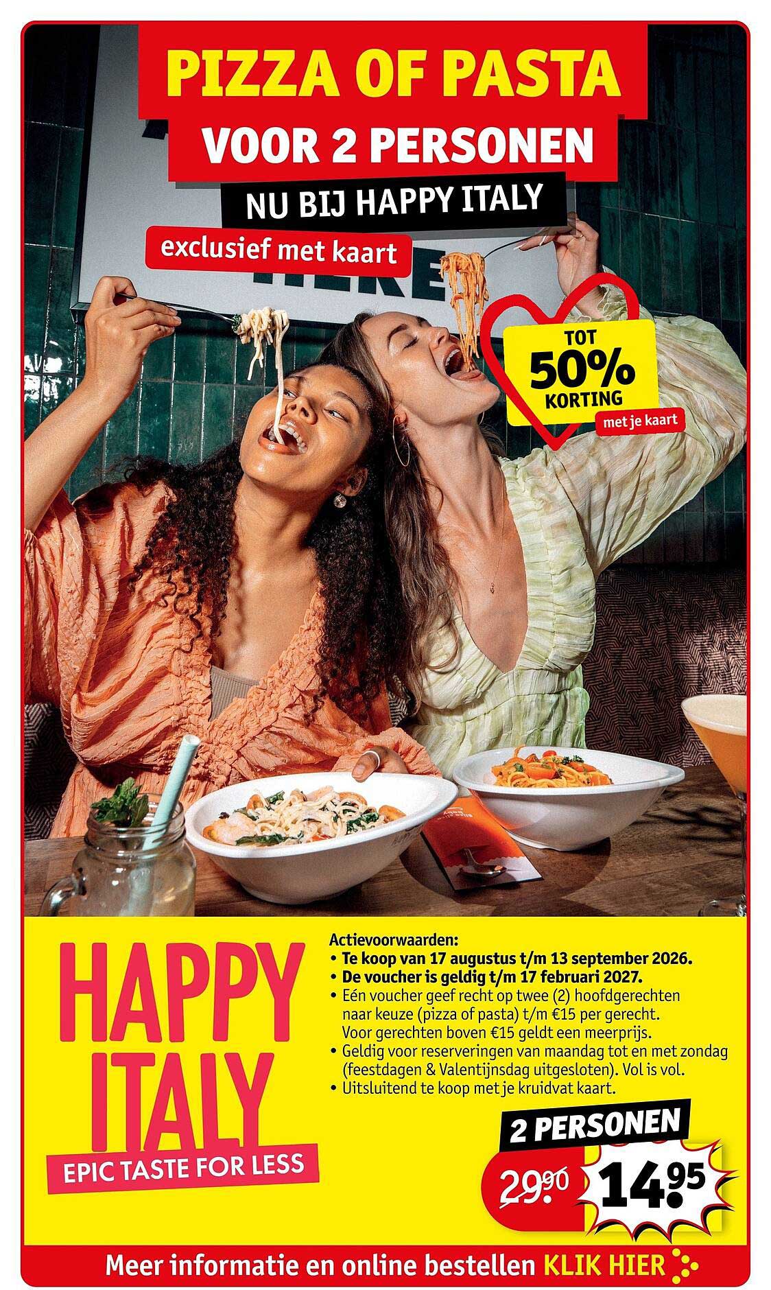 Pizza of pasta voor 2 personen nu bij Happy Italy exclusief met kaart tot 50% korting