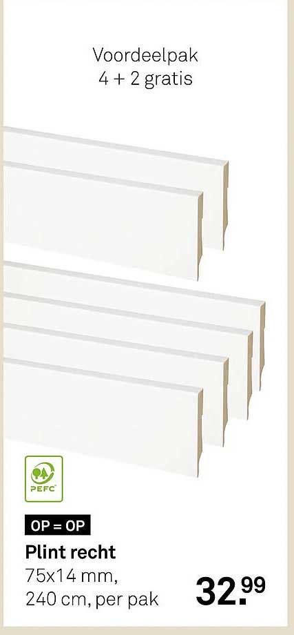 Plint recht 75x14 mm, 240 cm, per pak Voordeelpak 4 + 2 gratis