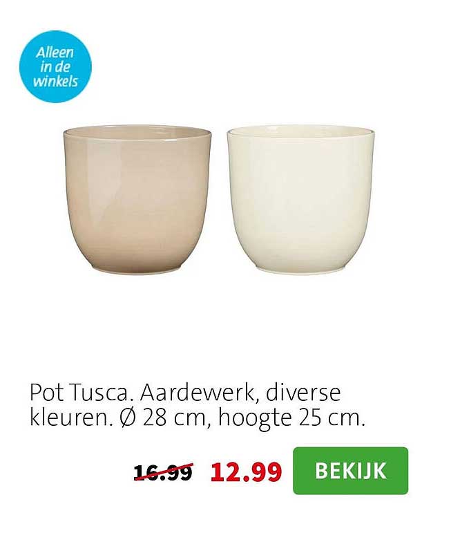 Pot Tusca. Aardewerk, diverse kleuren. Ø 28 cm, hoogte 25 cm.