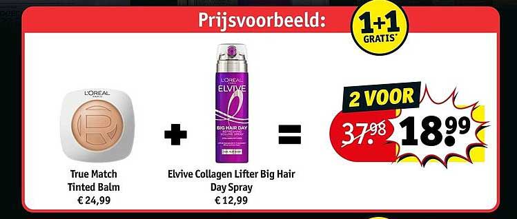 Prijsexvoorbeeld: True Match Tinted Balm + Elvive Collagen Lifter Big Hair Day Spray 1+1 GRATIS