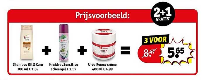 Prijsvoorbeeld: Shampoo Oil & Care 300 ml, Kruidvat Sensitive scheergel, Urea Renew crème 400 ml 2+1 gratis