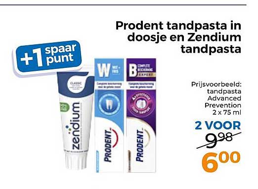 Prodent tandpasta in doosje en Zendium tandpasta +1 spaarpunt