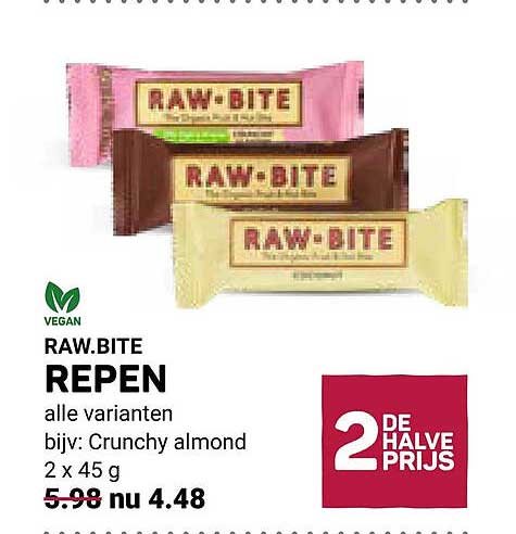 RAW.BITE REPEN alle varianten bijv. Crunchy almond 2 x 45 g 2e halve prijs