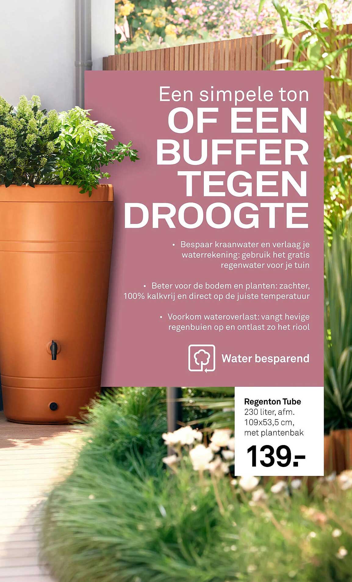Regenton Tube 230 liter, afm. 109x53,5 cm, met plantenbak