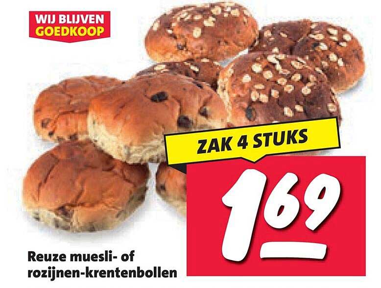 Reuze muesli- of rozijnen-krentenbollen ZAK 4 STUKS