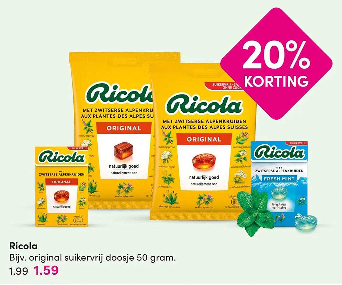 Ricola Bijv. original suikervrij doosje 50 gram. 20% KORTING