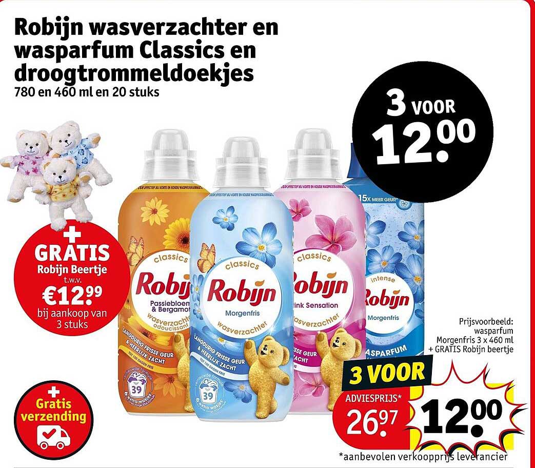 Robijn wasverzachter en wasparfum Classics en droogtrommeldoekjes 780 en 460 ml en 20 stuks 3 voor 12.00 + GRATIS Robijn Beertje