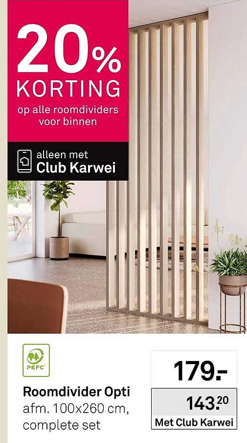 Roomdivider Opti afm. 100x260 cm, complete set