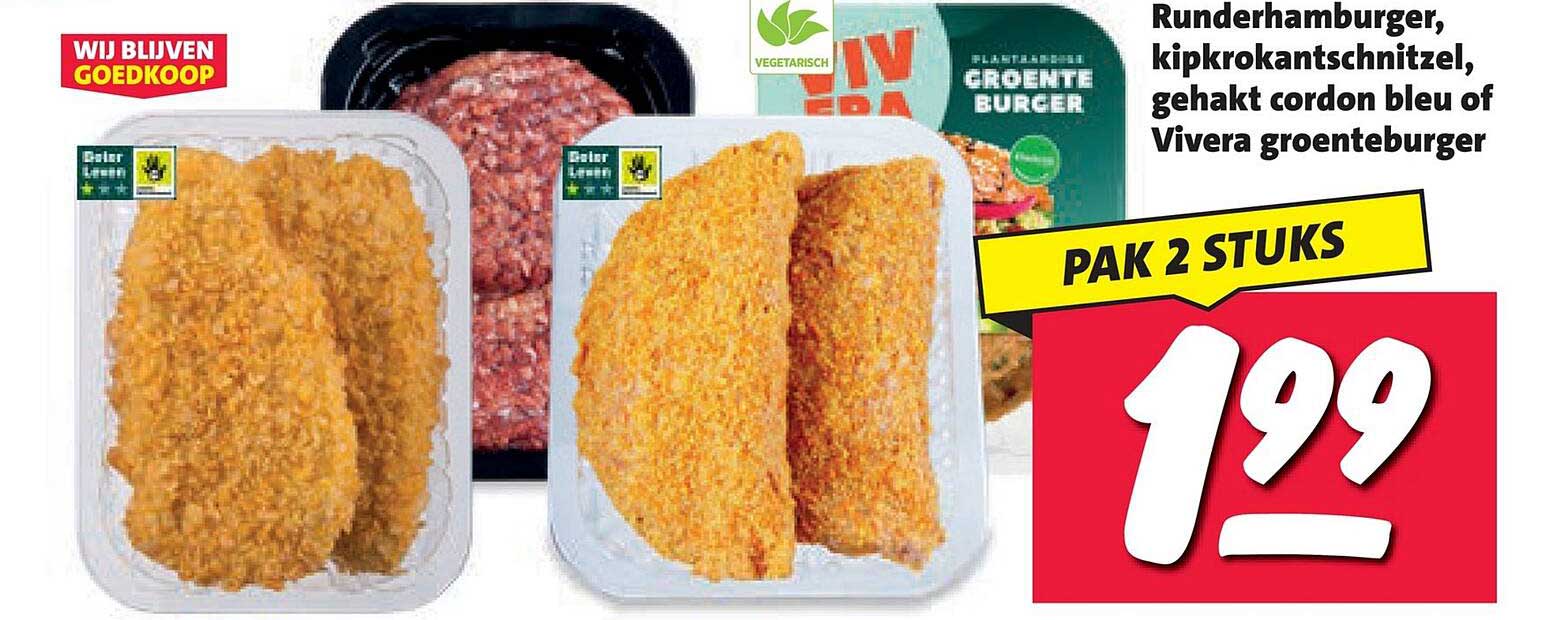 Runderhamburger, kipkrokantschnitzel, gehakt cordon bleu of Vivera groenteburger PAK 2 STUKS