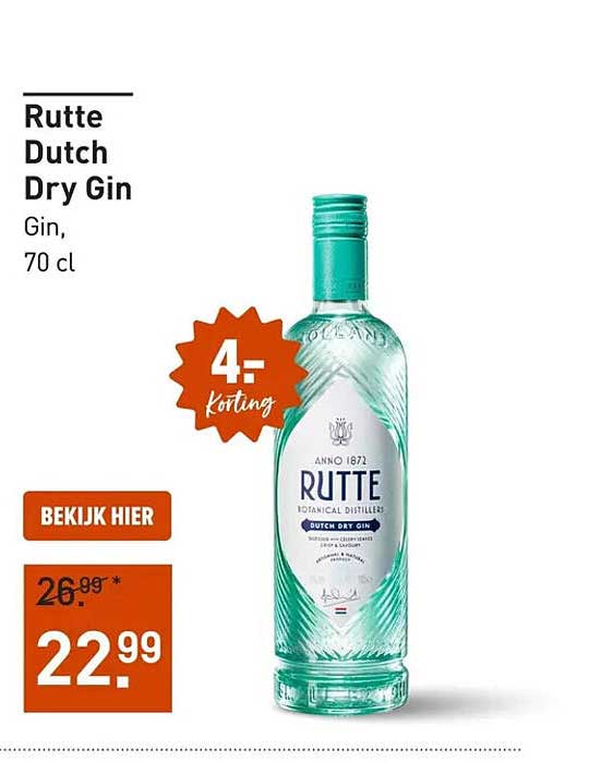 Rutte Dutch Dry Gin 70 cl 4= korting