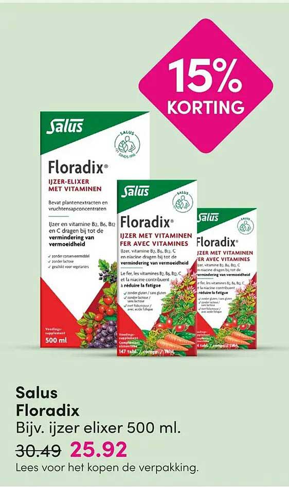 Salus Floradix Bijv. ijzer elixer 500 ml. 15% KORTING