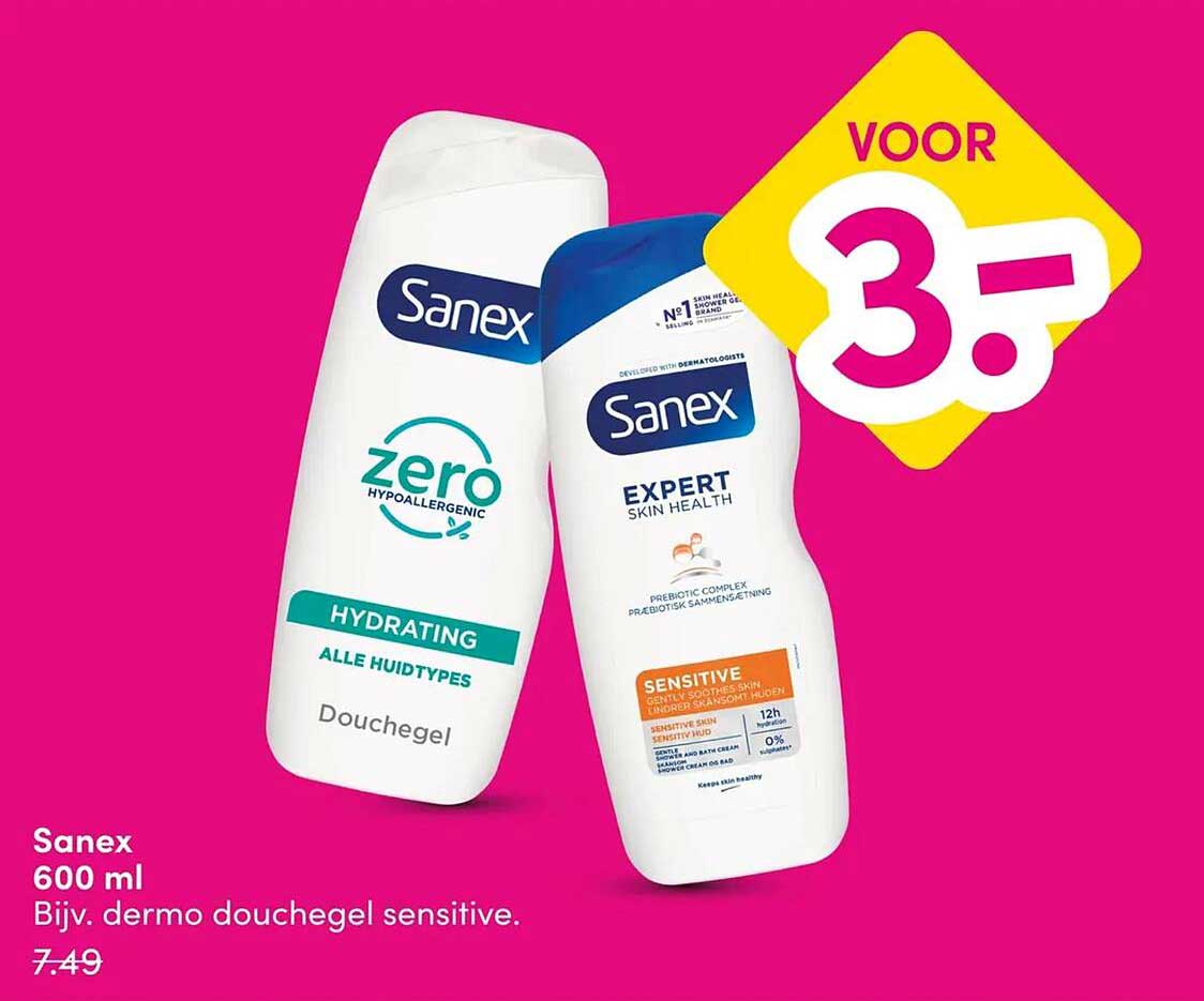 Sanex 600 ml Bijv. dermo douchegel sensitive. VOOR 3.-
