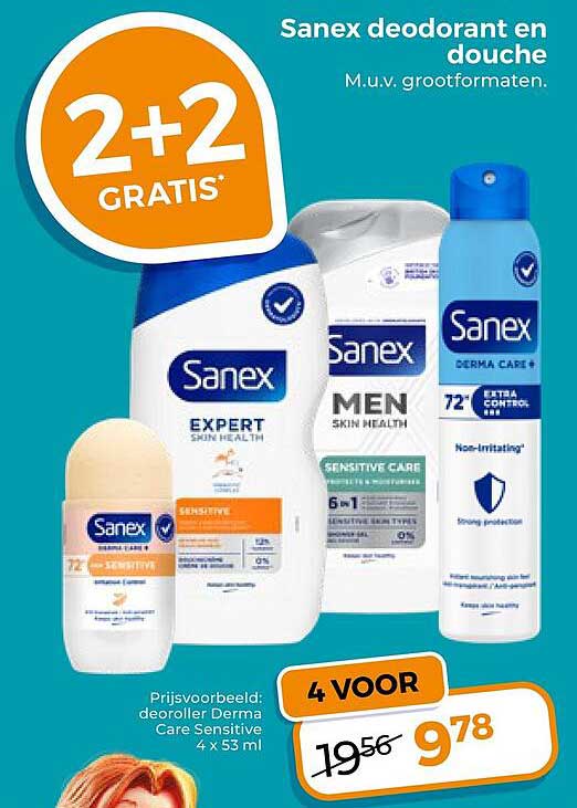 Sanex deodorant en douche 2+2 GRATIS