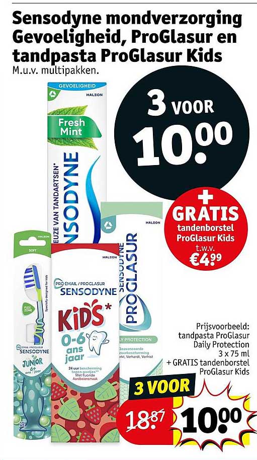Sensodyne mondverzorging Gevoeligheid, ProGlasur en tandpasta ProGlasur Kids 3 VOOR 10.00 + GRATIS tandenborstel ProGlasur Kids