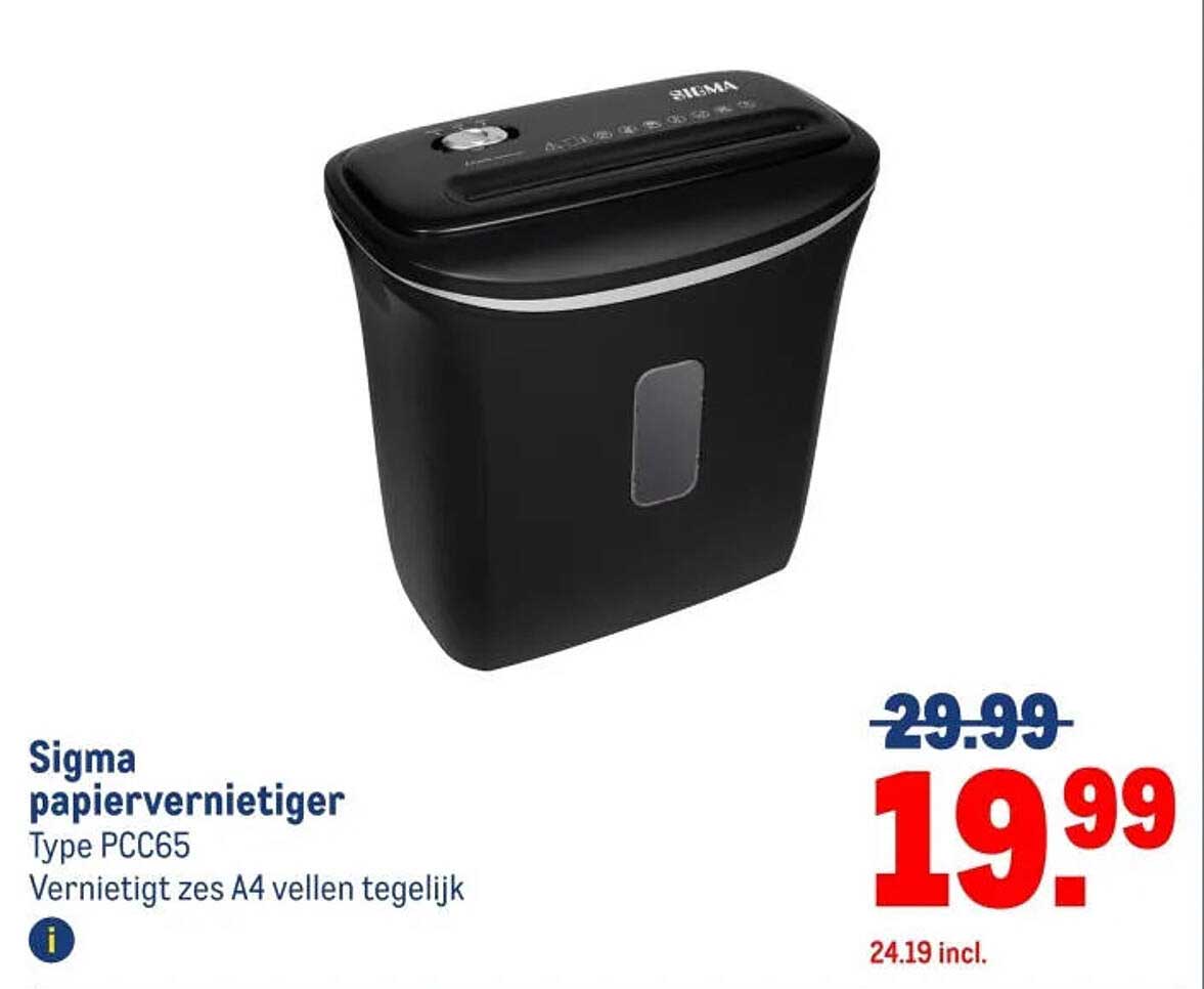Sigma papiervernietiger Type PCC65 Vernietigt zes A4 vellen tegelijk