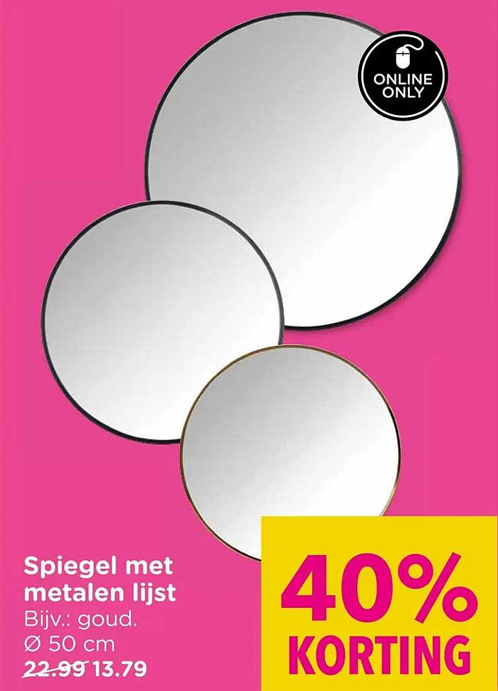 Spiegel met metalen lijst, Bijv.: goud. Ø 50 cm 40% KORTING