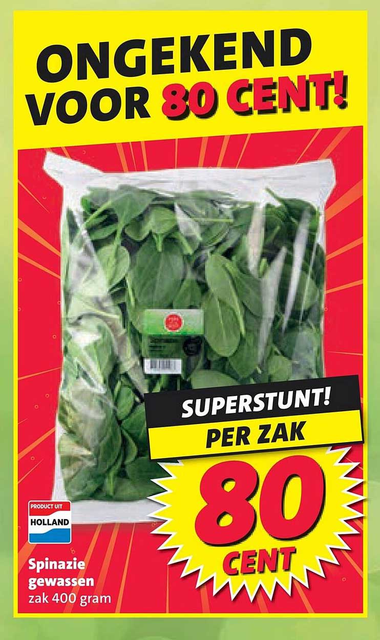 Spinazie gewassen zak 400 gram - per zak 80 cent