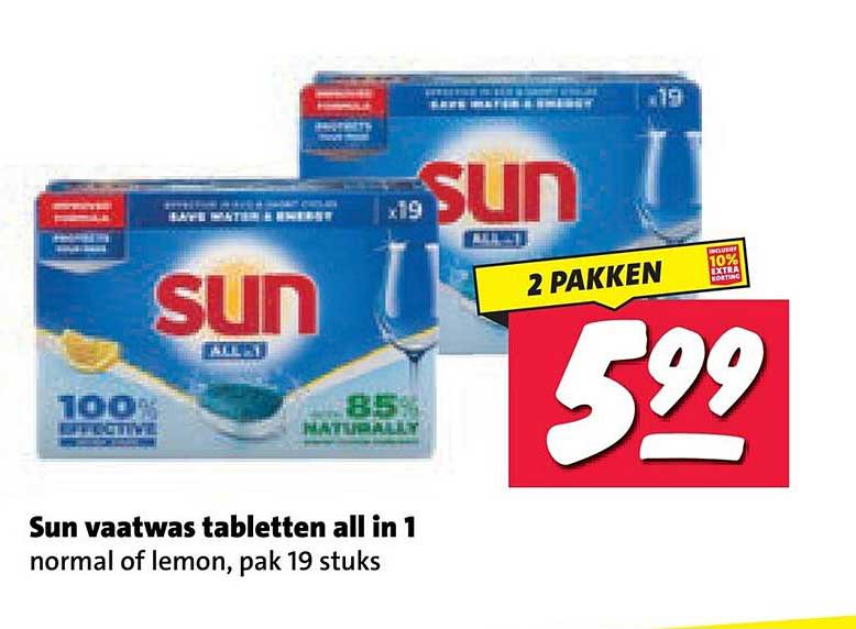 Sun vaatwas tabletten all in 1 normal of lemon, pak 19 stuks 2 pakken