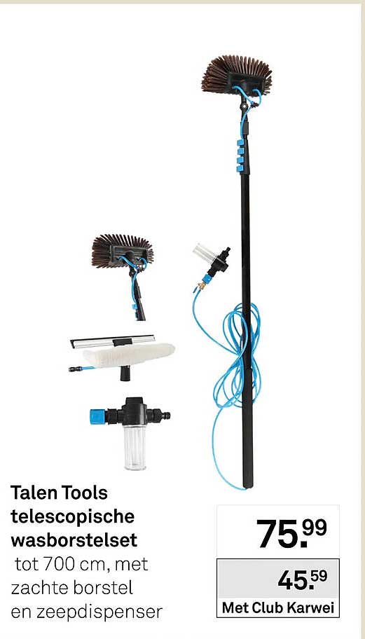Talen Tools telescopische wasborstelset tot 700 cm, met zachte borstel en zeepdispenser