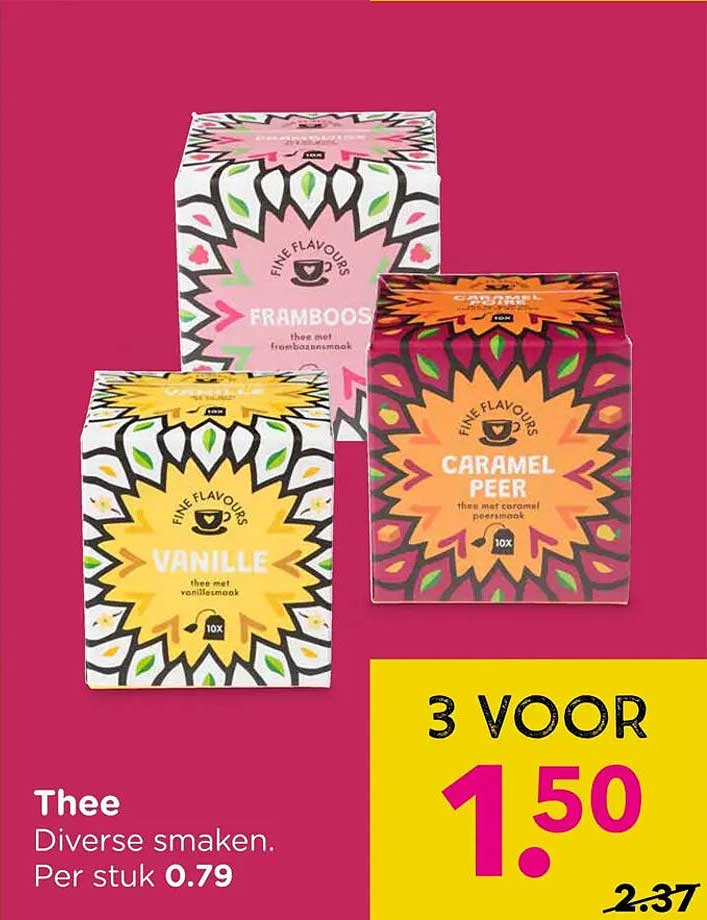 Thee Diverse smaken. Per stuk 0.79 3 voor 1.50