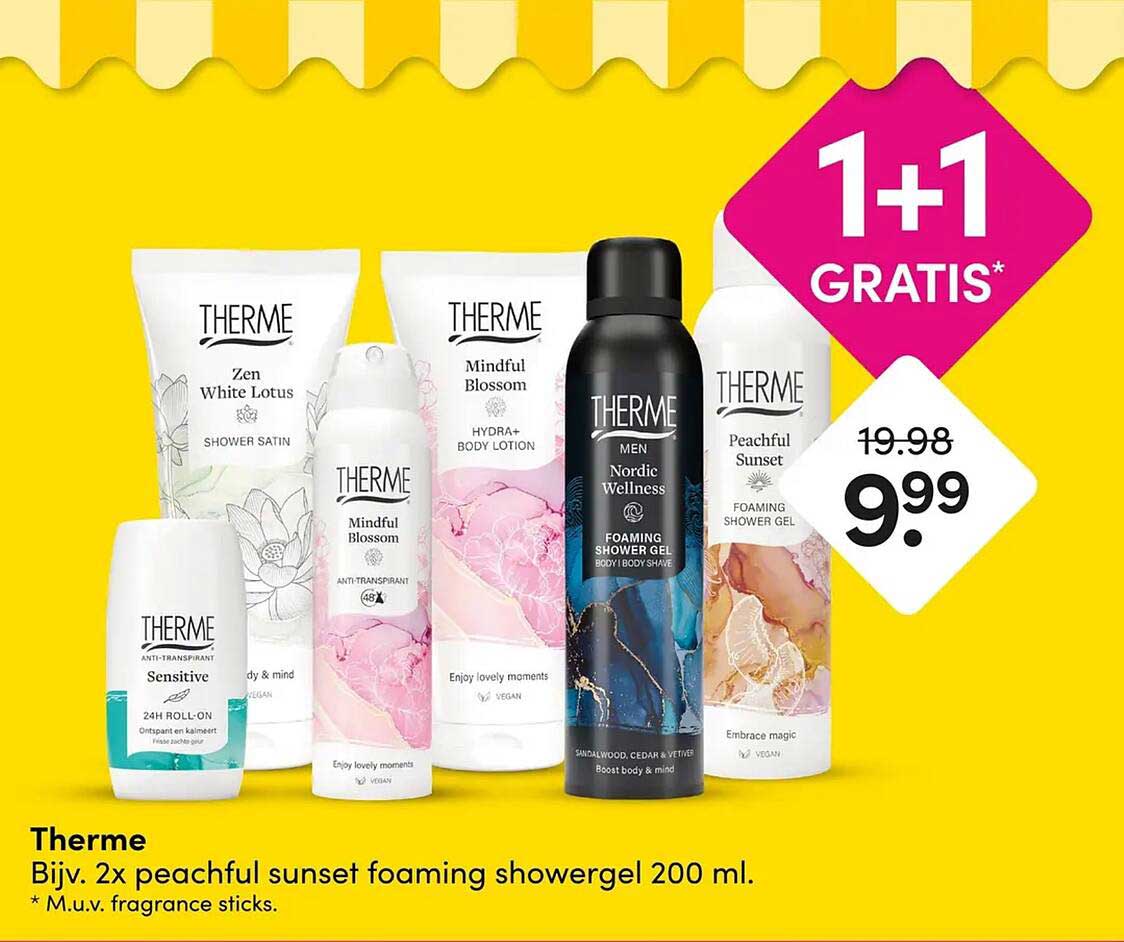 Therme Bijv. 2x peachful sunset foaming showergel 200 ml. 1+1 gratis