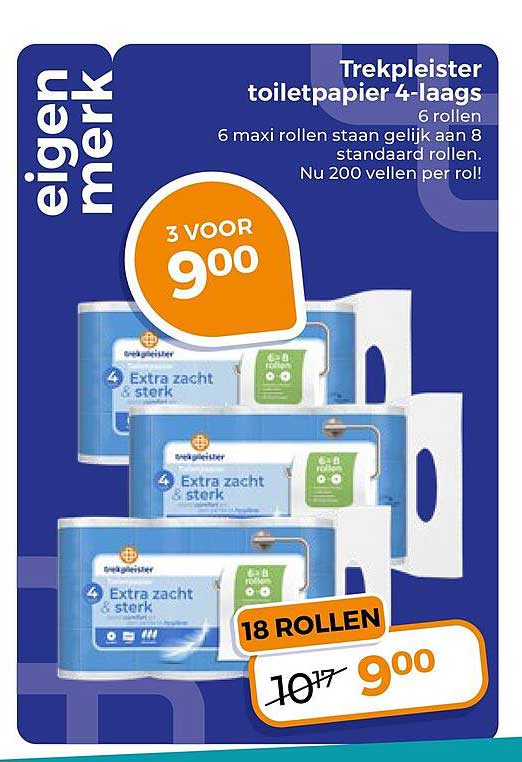 Trekpleister toiletpapier 4-laags 6 rollen 3 voor 9,00 18 rollen