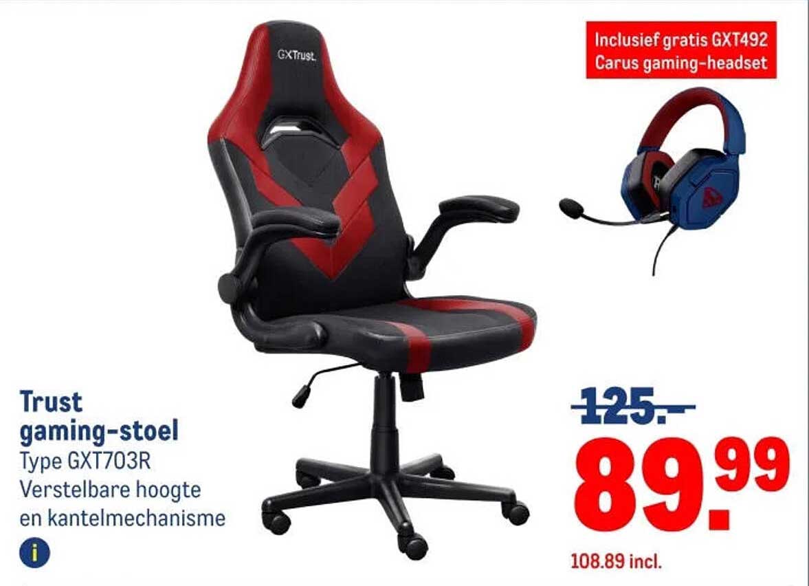 Trust gaming-stoel Type GXT703R Verstelbare hoogte en kantelmechanisme