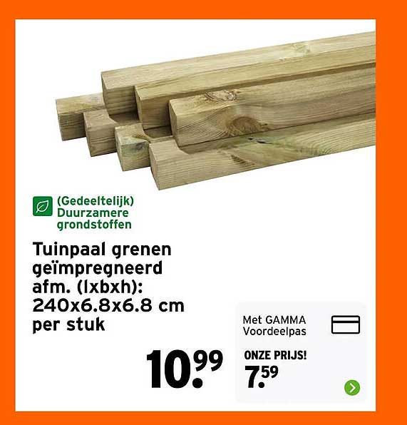 Tuinpaal groen geïmpregneerd afm. (lxbxh): 240x6.8x6.8 cm per stuk