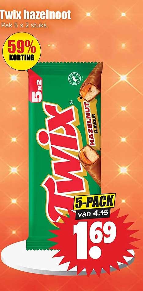 Twix hazelnoot Pak 5 x 2 stuks. 5-PACK 59% KORTING