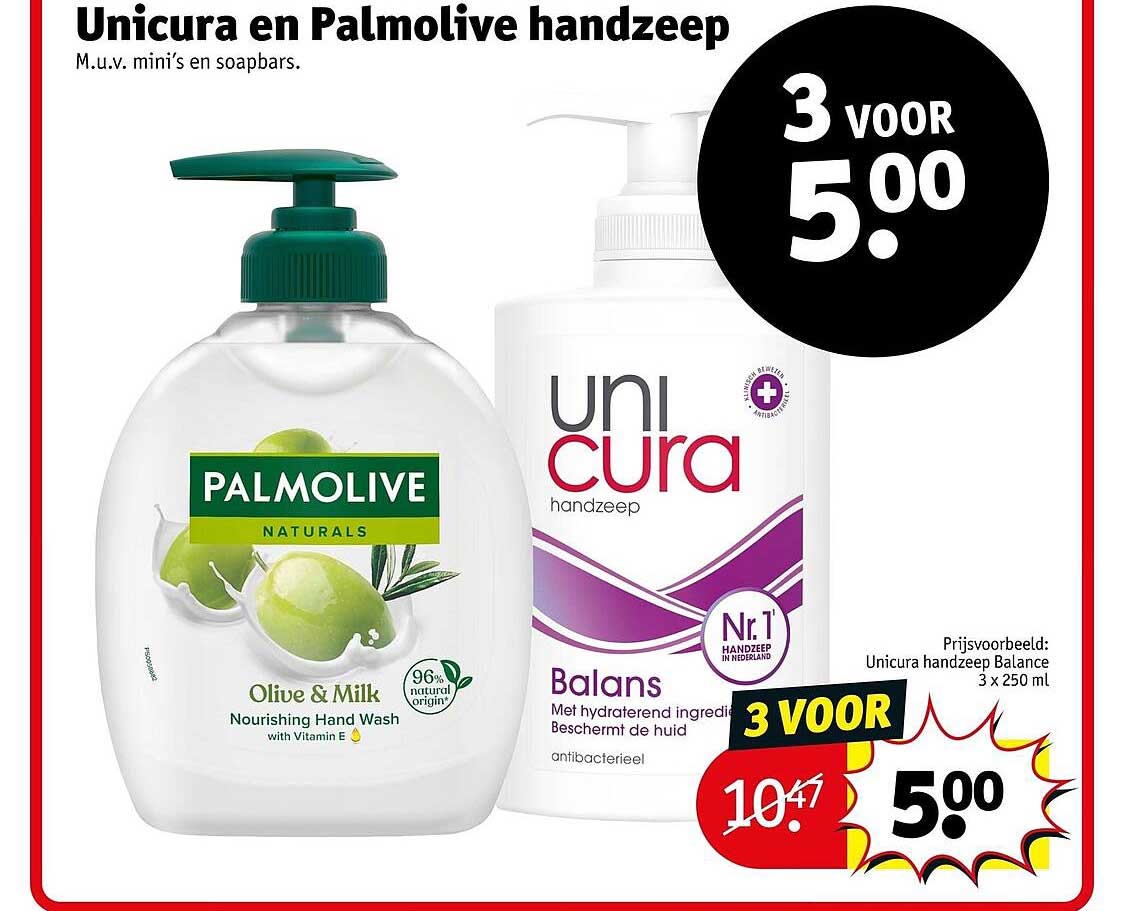 Unicura en Palmolive handzeep 3 voor 5.00