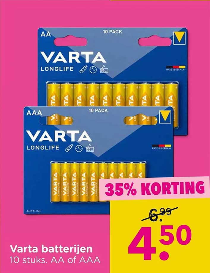 Varta batterijen 10 stuks. AA of AAA 35% KORTING