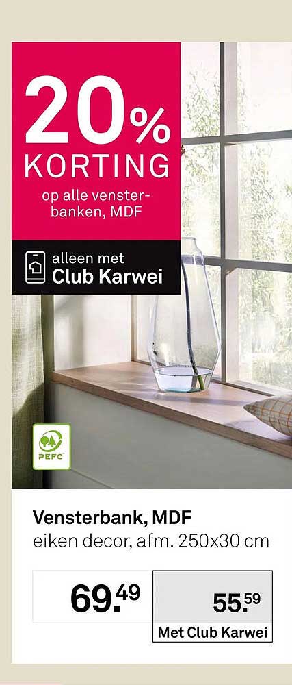 Vensterbank, MDF eiken decor, afm. 250x30 cm