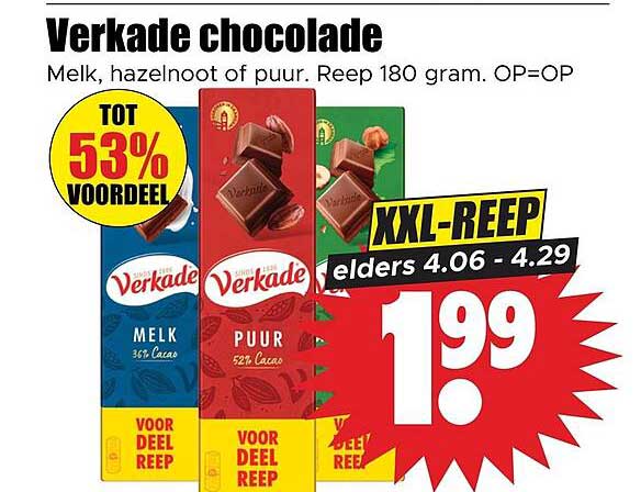 Verkade chocolade Melk, hazelnoot of puur. Reep 180 gram. OP=OP XXL-REEP elders 4.06 - 4.29