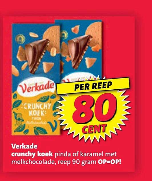 Verkade crunchy koek pinda of karamel met melkchocolade, reep 90 gram OP=OP! PER REEP