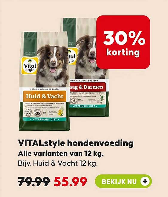 VITALstyle hondenvoeding Alle varianten van 12 kg. Bijv. Huid & Vacht 12 kg. 30% korting