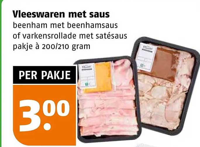 Vleeswaren met saus beenham met beenhamsaus of varkensrollade met satésaus pakje à 200/210 gram PER PAKJE
