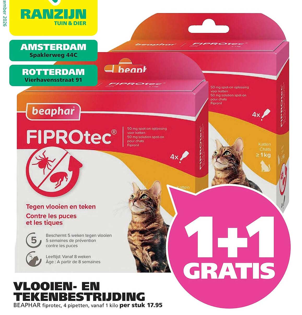 VLOOIEN- EN TEKENBESTRIJDING BEAPHAR fiprotec, 4 pipetten, vanaf 1 kilo per stuk 17.95 1+1 GRATIS