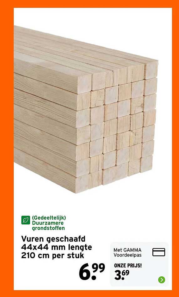 Vuren geschaafd 44x44 mm lengte 210 cm per stuk