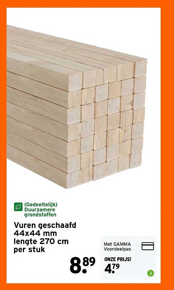 Vuren geschaafd 44x44 mm lengte 270 cm per stuk