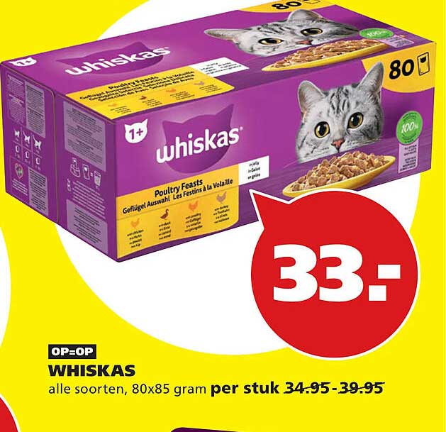 WHISKAS alle soorten, 80x85 gram per stuk OP=OP