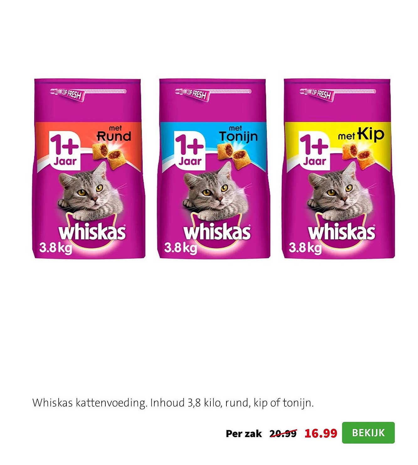 Whiskas kattenvoeding. Inhoud 3,8 kilo, rund, kip of tonijn.