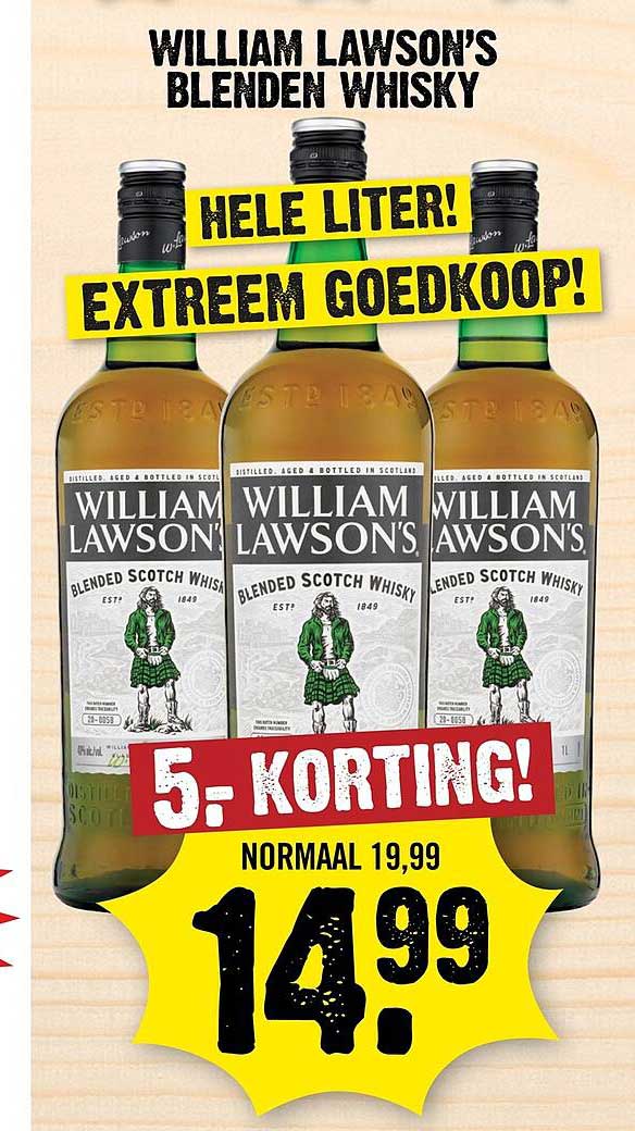 WILLIAM LAWSON'S BLENDED WHISKY HELE LITER! EXTREEM GOEDKOOP! 5.- KORTING!