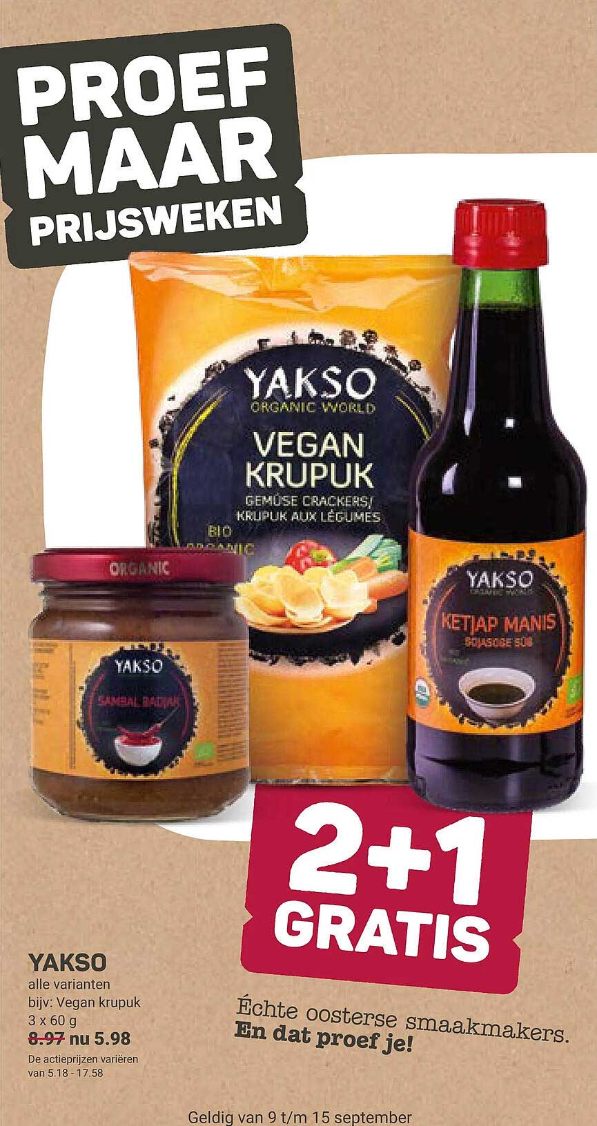 YAKSO alle varianten bijv: Vegan krupuk 3 x 60 g 2+1 gratis