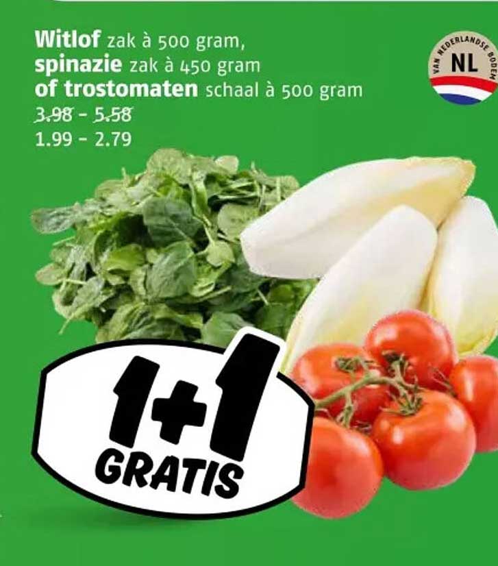 1 + 1 GRATIS Witlof, Spinazie of Trostomaten