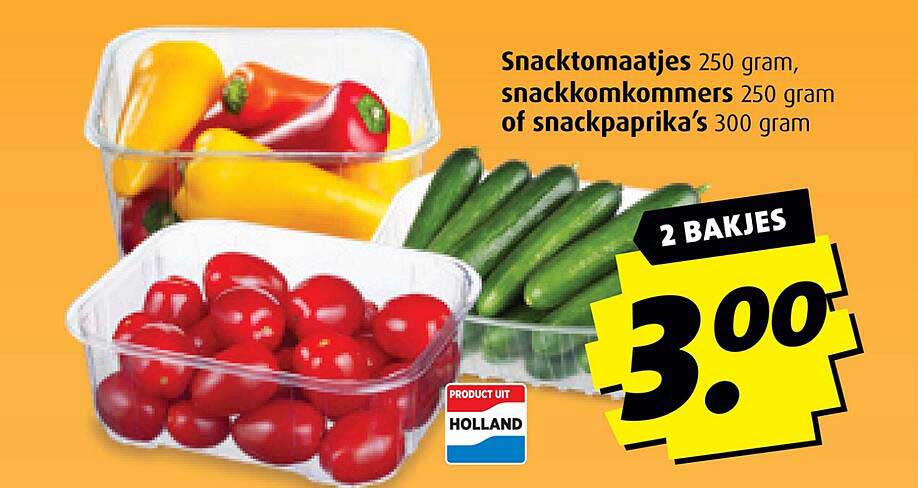 2 bakjes snacktomaatjes, snackkomkommers of snackpaprika's voor maar 3.00