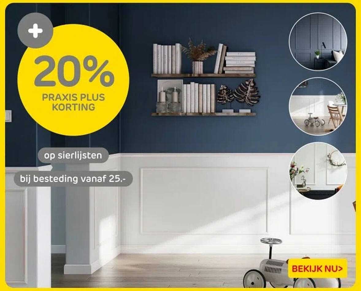 20% PRAKIS PLUS KORTING op sierlijsten bij besteding vanaf 25.-