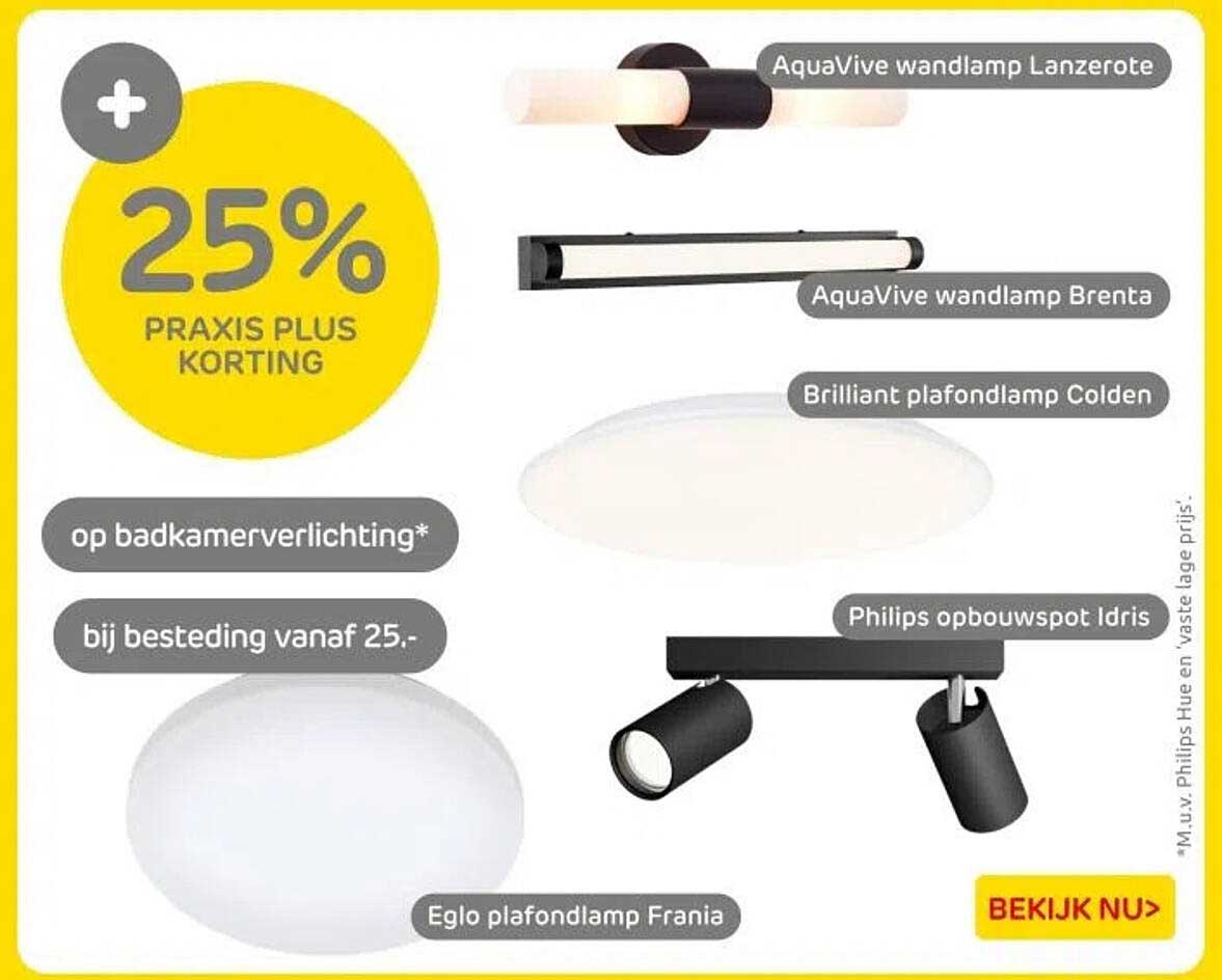 25% PRAKIS PLUS KORTING op badkamerverlichting bij besteding vanaf 25.-